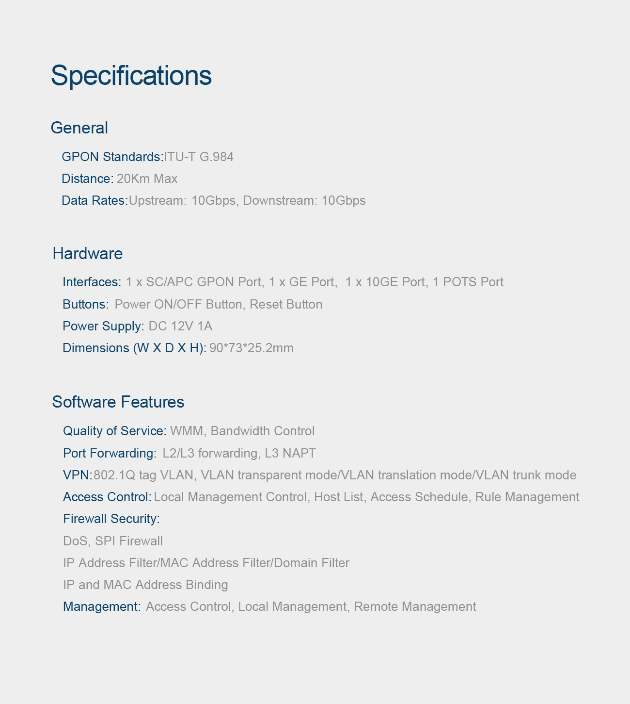 xgspon xgs-pon small onu gpon epon ont 10g 10ge LAN 10gbps with VoIP Port